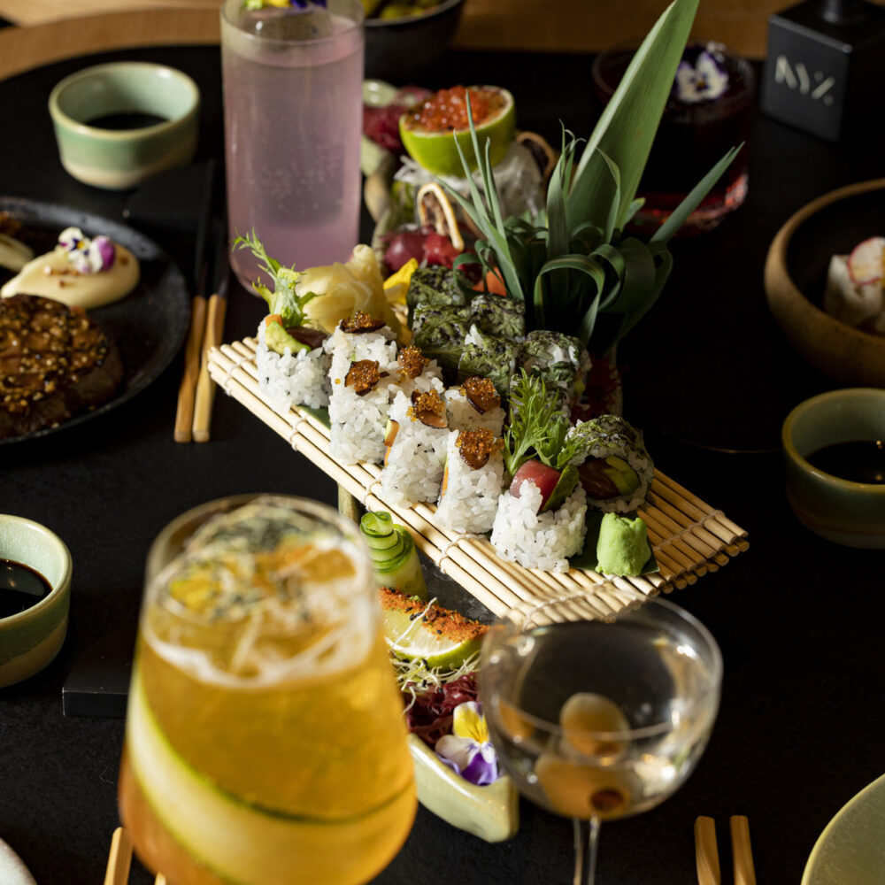 Salmon avocado, Tuna Truffle Roll, sashimi salmon, Another Paloma, Geisha Roses and Classic dry martini